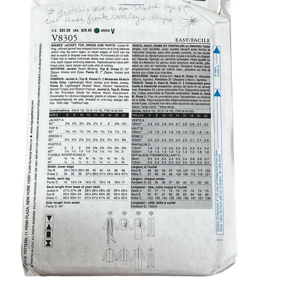Vogue Easy Options V8305 Sewing Pattern 12-16 Jacket Pants Dress Top - Picture 2 of 2